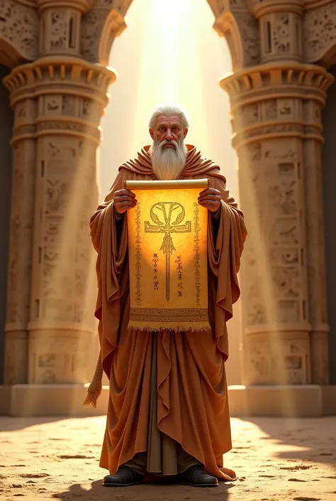 A prophet with a papyrus in his hand and carrying a divine light