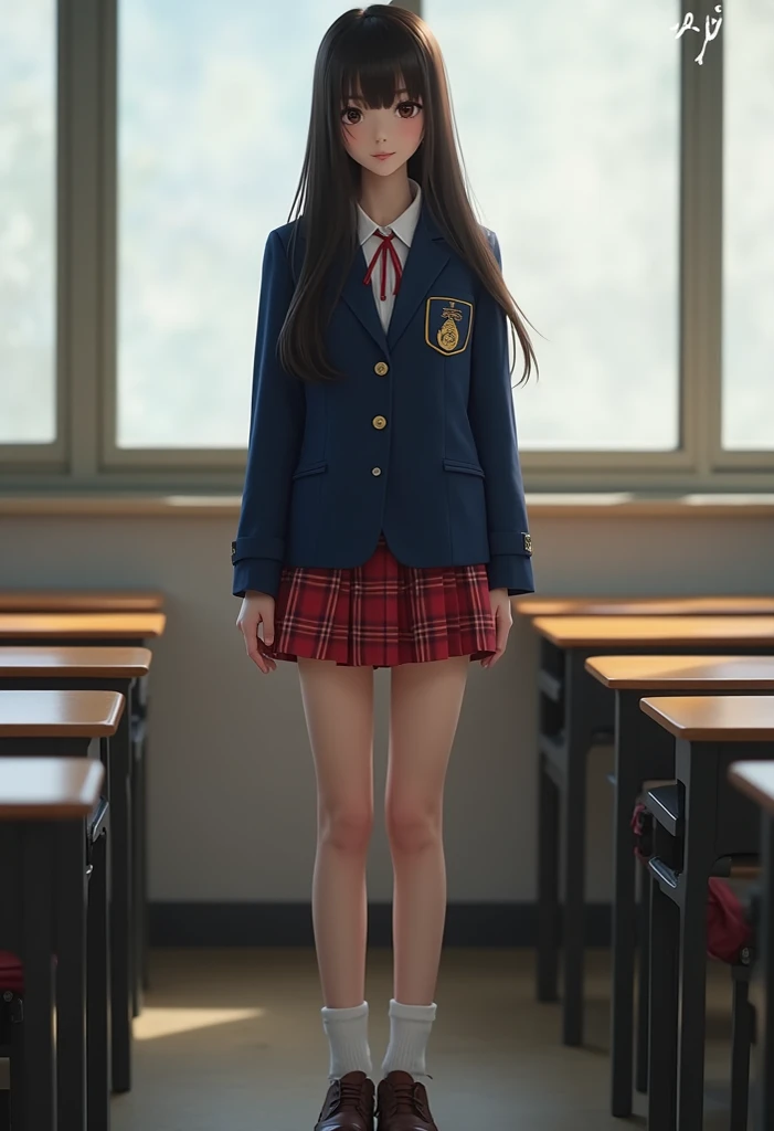  high resolution,( photorealistic: 1.4,RAW shooting), school classroom, 18 year old girl, long dark hair, realistic skin texture,Whole body expression,正面を向いて立っている,Blue blazer, red check skirt that sticks out the crotch, white socks, brown shoes