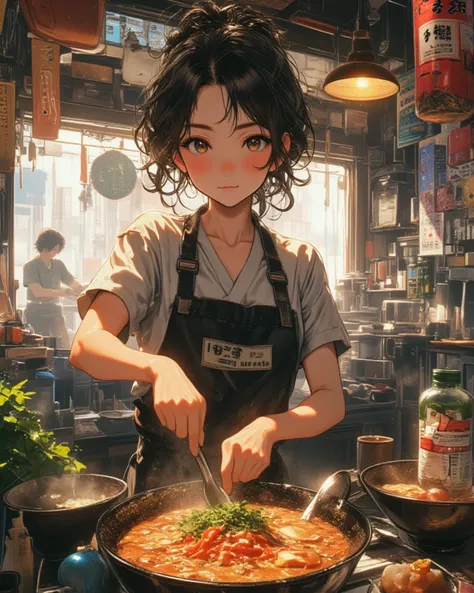 Deskripsi seluruh tubuh, seorang gadis,di warung ramen, anime, anime style,High Resolution, Masterpiece, Accurate, Anatomically Correct, Award Winning, Best Quality, Damaged, High Details, High Quality, Quality, Super Detailed, Textured Skin, UHD, Wide-Ang...