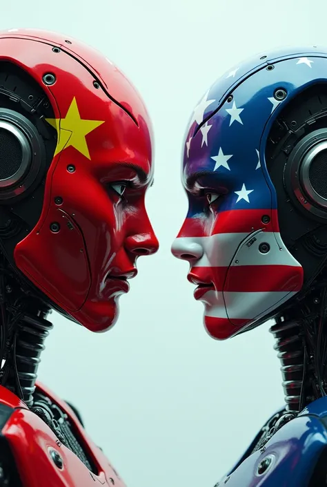 Chinese artificial intelligence with its logos looking with contempt at American AI painted in the colors of its flag