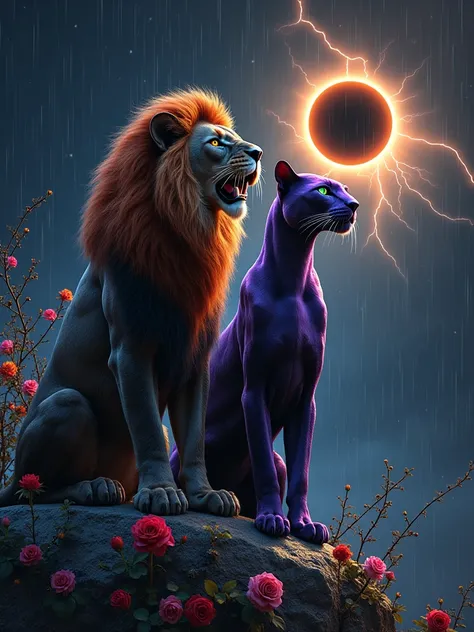  Two anatomically correct felines next to each other , The two of us standing ,  both perched on a rock full of many gladiolas ,  many roses and many black carnations , blues,  purple and white ,   all the branches with black thorns ,  the feline on the le...