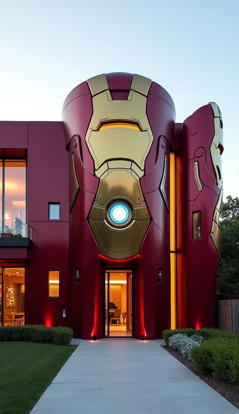 "A futuristic mansion designed to look like Iron Man's suit, with a sleek red and gold exterior. The building’s outer structure mimics Iron Man’s armor, with metallic panels that reflect light in the same way his suit does. The mansion’s windows are shaped...