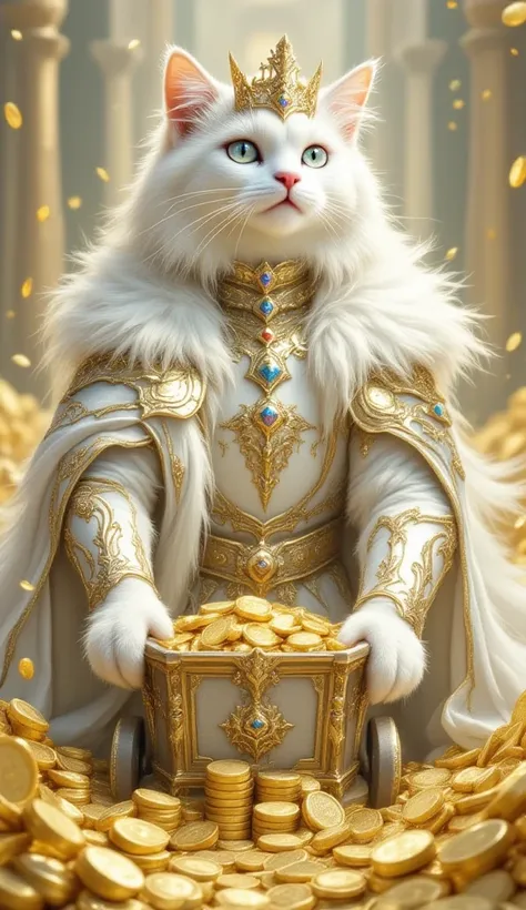 (best illumination, best shadow, masterpiece, best quality), anthropomorphic white cat king, majestic, intimidating, powerful, epic, royal armor of white and gold with intricate details, clean lines, perfect illustration,The surrounding scenery is gold coi...