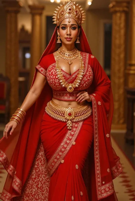 An Indian queen with huge natural breasts revealing cleavage, wearing a red lehenga with gold embroidery, red dupatta on head, adorned with heavy gold jewelry like necklace, and bangles. earrings, nose rings, septum, navel piercing, maang tikka, and bangle...