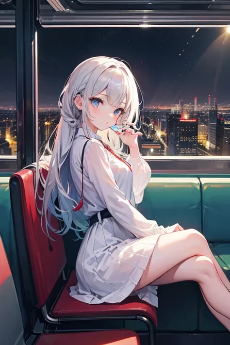   attention to detail ,  Super Detail,  super high resolution, girl on a train, The outfit is random, Long hair with braids at the back, The girl is sitting on a train chair, Late Night, Cityscape, A train runs through the city,  The girl is looking out of...