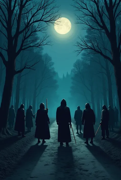 Draw me 8 thieves who are on a road in the forest. 3 of these thieves are women and 5 are men. It should be night and the thieves should be standing together and holding swords in their hands. I don't want them to have any special visuals.