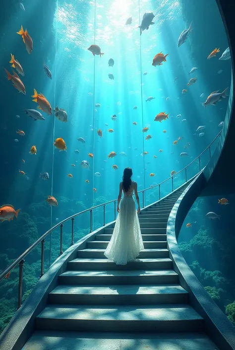 A indoor  aquarium staircase  with  so many colorful fish. A beautiful lady wearing long dress and walking up. Realistic 