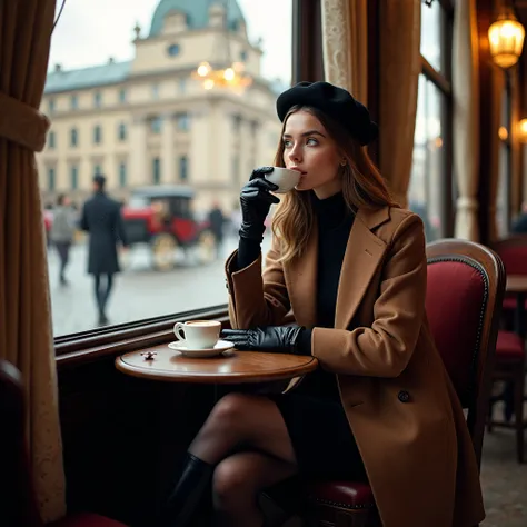 A tall and slender supermodel sits elegantly in a charming Viennese café on a crisp February afternoon, sipping a perfectly crafted cappuccino. The café’s interior exudes European elegance, with vintage chandeliers, dark wooden furniture, and warm ambient ...