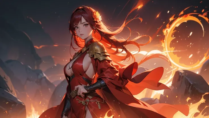 ((( top quality,   Cropped for sharp image,  Clear Images ,  Cinematic Lighting,  8k resolution,  Masterpiece,  Super Detail,  complicated)))  girl, ((( Looking Over Her Shoulder ))),  shot from behind, (( half shot )), Fire Mage,  cute,  Fiery Red  hair, ...