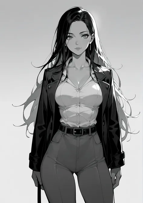 0core_9,score_8_up,score_7_up,score_6_up, face, solo, (1girl), (longhair), suits, jacket , big hips , gray scale, belt, line art, manga panel, 
