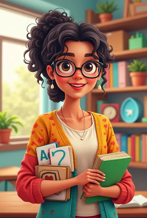 A cartoony illustration of Mrs. Lilly, a compassionate and joyful teacher in her late 30s, with curly dark hair tied back and round glasses resting on her nose. She wears a colorful cardigan with cheerful patterns over a blouse and holds educational materi...