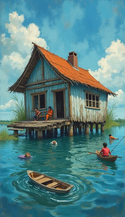 art a picture with water color,broken floating house (please use vincent van gogh art effect) screaming peoples  flood in Bangladesh, background surrounded by Bangladeshi  (flood affected ren, old lady,poor animals)