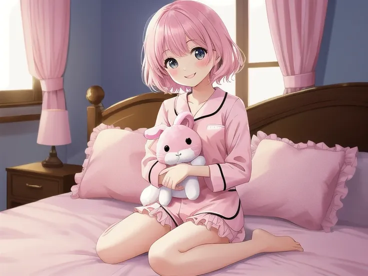 Top quality, high resolution, detailed, beautiful image quality, one girl, cute pale pink pajamas with frills, short hair, lolicon feel, smiling, holding a pink rabbit plush, sitting on a bed, looking at me, cute design with pink as the main color, sweet a...