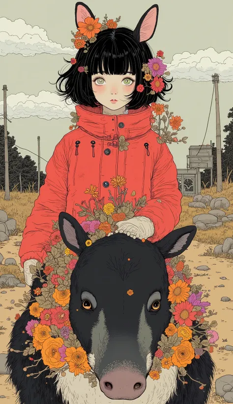 A high school student is riding a tapir、A 、 black hair、  short hair、 bangs with lots of flowers 、Red winter clothes、Genuine、Bold composition、 very realistic depiction showing the direction of reference 、  photos、  beautiful girl。