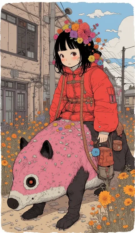 A high school student is riding a giant anteater、A 、 black hair、  short hair、 bangs with lots of flowers 、Red winter clothes、Genuine、Bold composition、 very realistic depiction showing the direction of reference 、  photos、  beautiful girl。