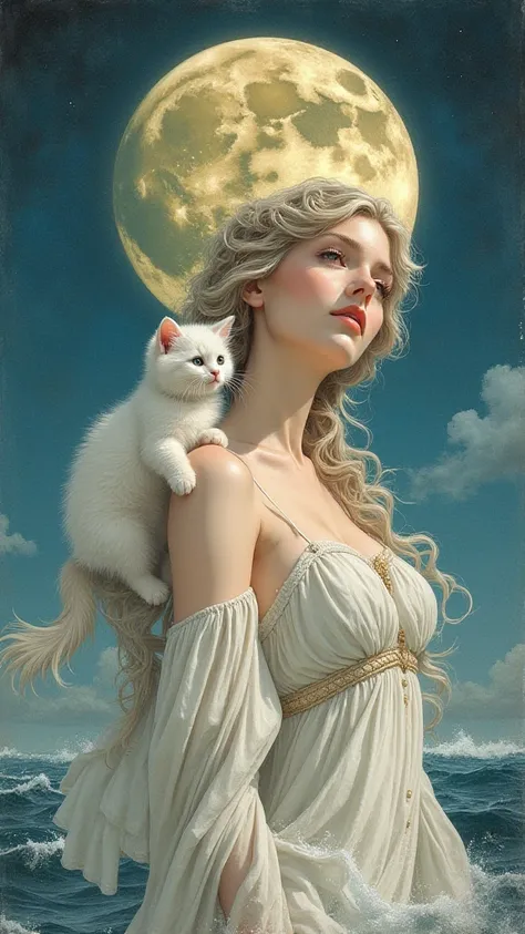 I drew a scene from Greek mythology about the moon appearing from the sea with a cute long-haired white kitten on the shoulder of the goddess with the female hairstyle、 Venus's pose was drawn with reference to ancient Roman sculptures 。In Florence when Cat...