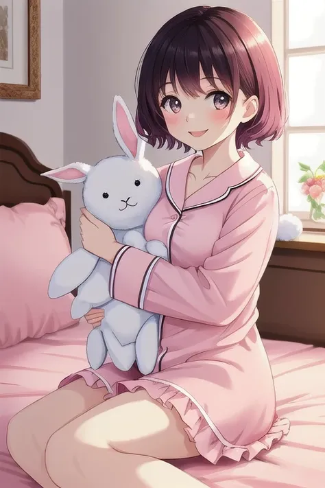 Top quality, high resolution, detailed, beautiful image quality, one girl, cute pale pink pajamas with frills, short hair, lolicon feel, smiling face, holding a white rabbit stuffed toy, sitting on a bed, looking at me, cute design with pink as the main co...