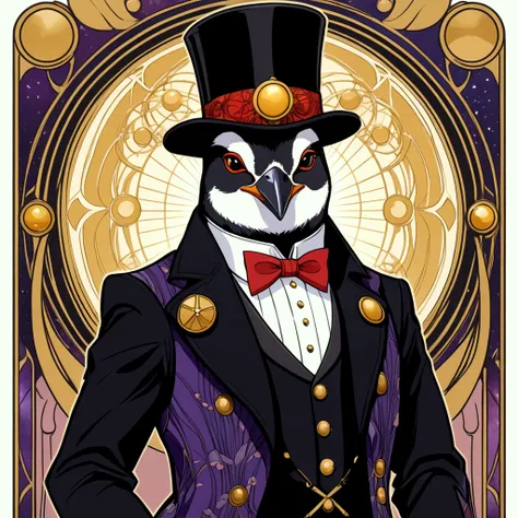 a close up of a tarot cards card with an extremely badass anthropomorphic penguin wearing an insanely fancy black tuxedo jacket, black top hat, purple waistcoat, white button up shirt, red bowtie, high detail + tarot cards card, [ tarot cards card ]!!!!!, ...