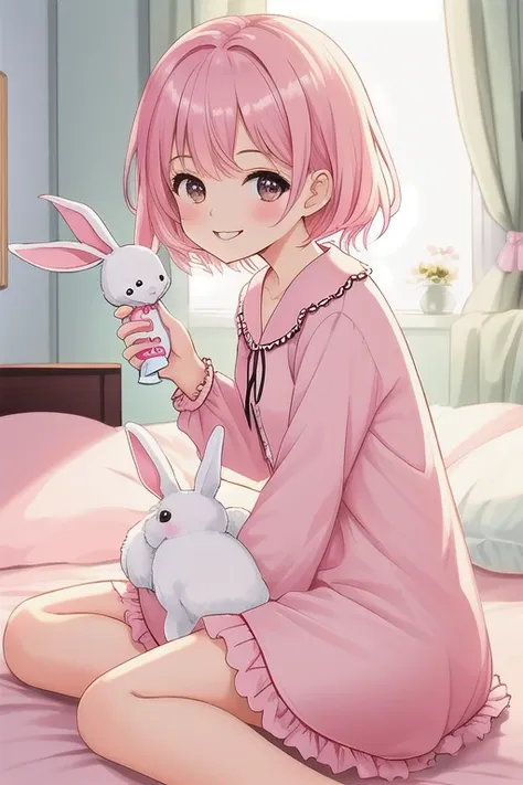 Top quality, high resolution, detailed, beautiful image quality, one girl, cute pale pink pajamas with frills, short hair, lolicon feel, smiling, holding a white rabbit stuffed toy, sitting on bed, looking at the camera, cute design with pink as the main c...