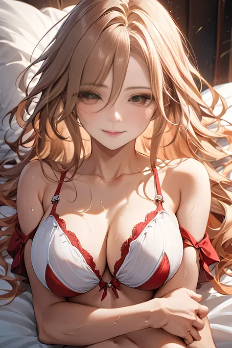 Hair that is pretty light brown and has burning tips、 big breasts、Lie on your back on a fluffy bed、 A beautiful woman holding out her hands 。The expression is gentle、With a smile、 her eyes shine brightly and attractively 。Long hair flowing down her shoulde...