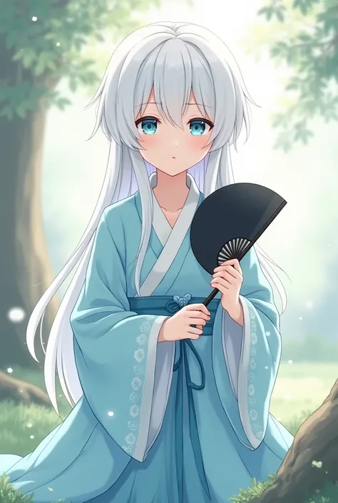 Anime picture of a white-haired young boy holding a black fan and wearing a light blue hanbok