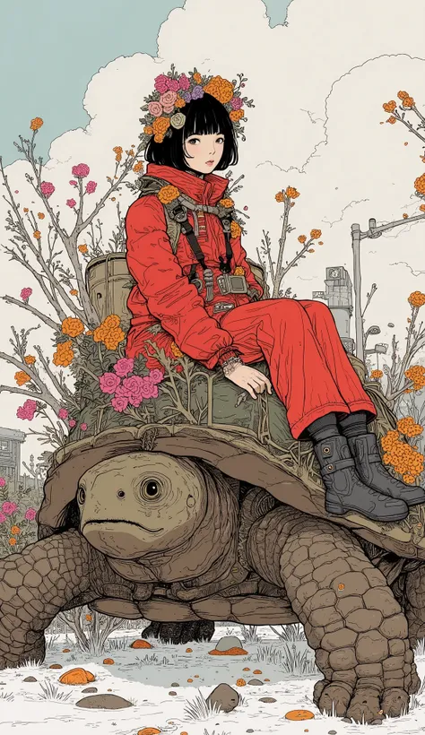 A high school student is riding a big land turtle、A 、 black hair、  short hair、 bangs with lots of flowers 、Red winter clothes、Genuine、Bold composition、 very realistic depiction showing the direction of reference 、  photos、  beautiful girl。