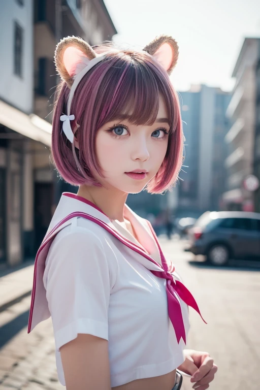  ski style,  One Girl , Alone,  pink hair,  animal ears ,  blue eyes, Wings,  looking , bangs,  short hair, bow,  sailor color , white  sailor color , hair bow, pink bow,  Closed Her Mouth ,  shirt, white  shirt, bear ears,  bob cut, Mini Wing,  portrait, ...