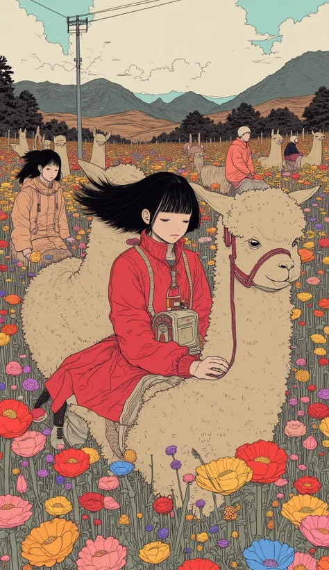 High school students are riding alpacas、A 、 black hair、  short hair、 bangs with lots of flowers 、Red winter clothes、Genuine、Bold composition、 very realistic depiction showing the direction of reference 、  photos、  beautiful girl。