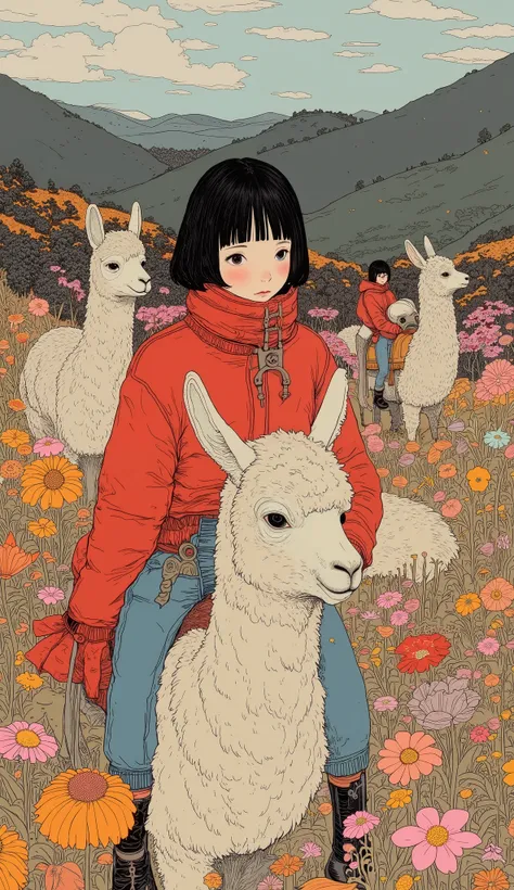 High school students are riding alpacas、A 、 black hair、  short hair、 bangs with lots of flowers 、Red winter clothes、Genuine、Bold composition、 very realistic depiction showing the direction of reference 、  photos、  beautiful girl。