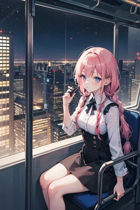   attention to detail ,  Super Detail,  super high resolution, girl on a train, The outfit is random,  long hair with braids at the back,  the girl is sitting on the train chair, Late Night, Cityscape, A row of skyscrapers,  the train is running through th...