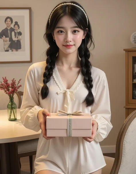 ( A super cute busty Korean college girl is holding a gorgeous gift box for me:1.2)( and I'm smiling:1.2)( I'm happy:1.1)(16k,  RAW photos ,  top quality,  Masterpiece: 1.2),(Cute braids with glossy black hair wearing a cute ribbon headband )  Super Detail...