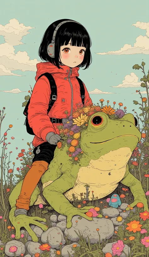 A high school student is riding a big tree frog、A 、 black hair、  short hair、 bangs with lots of flowers 、Red winter clothes、Genuine、Bold composition、 very realistic depiction showing the direction of reference 、  photos、  beautiful girl。