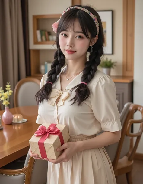 (A Korean college girl with super cute big boobs is holding a gorgeous gift box for me:1.2)( and I'm smiling:1.2)( I'm happy:1.1)(16k,  RAW photos ,  top quality,  Masterpiece: 1.2),(Cute braids with glossy black hair wearing a cute ribbon headband )  Supe...