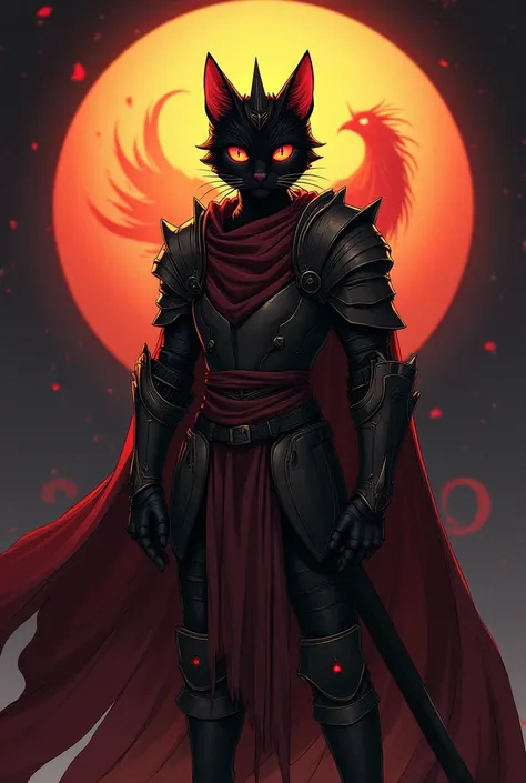 Drawn fantasy anime, dark line, black cat, bright red eyes, knight in costume, wearing a crown, holding a sword, united, standing facing straight, the background is the sun and there is a phoenix bird, dark tone, there is the word SZG in the island dress.