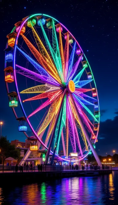  fantastic light shining, colorful, beautiful ferris wheel that emits light、A beautiful ferris wheel that lights up in the city at night、Starry sky shines、Milky Way、小さく光り輝くyellowい三日月。 looking up。The aquarium is slightly reflected。red、blue、yellow、green、Purp...