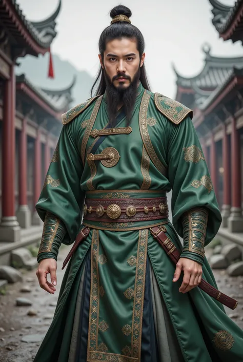 The whole body, including the crown of the head, is in the picture, (green clothes, fearless and intelligent face, (colored skin), (waist-length, heavy black beard): 1.2), (clothes of the Three Kingdoms era: 1.2), long pants, (insanely detailed, bloom: 1.5...