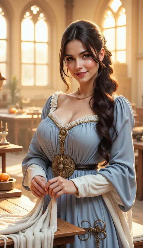 (Medieval era),(far distance angle), A hyper-realistic scenery image shot of a medieval beautifully female tailor knitting cloth while holding on knitting kit, a tailor. The beautifully tailor is depicted in a full body angle view, showcasing her lively, l...