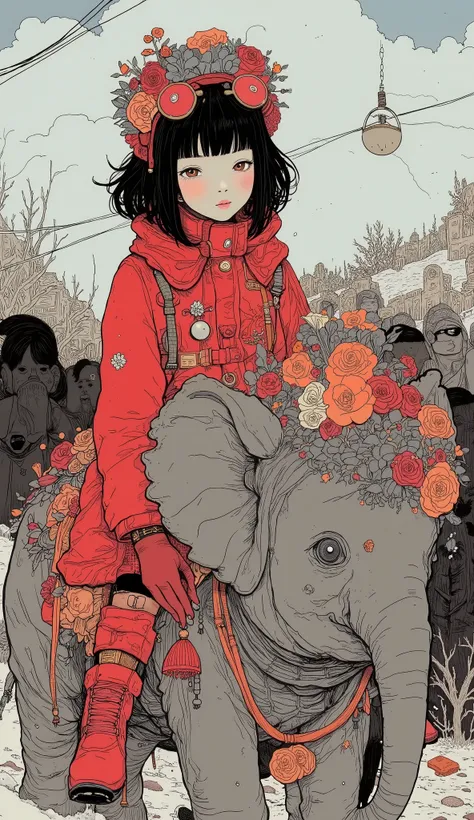 A high school student is riding a baby elephant、A 、 black hair、  short hair、 bangs with lots of flowers 、Red winter clothes、Genuine、Bold composition、 very realistic depiction showing the direction of reference 、  photos、  beautiful girl。