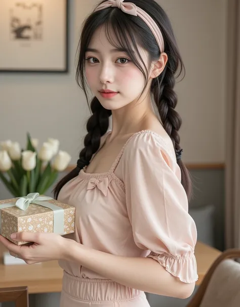 (Korean college girl with super cute big boobs is happy to receive a gorgeous gift box:1.2)( and I'm smiling:1.2)( I'm happy:1.1)(16k,  RAW photos ,  top quality,  Masterpiece: 1.2),(Cute braids with glossy black hair wearing a cute ribbon headband )  Supe...