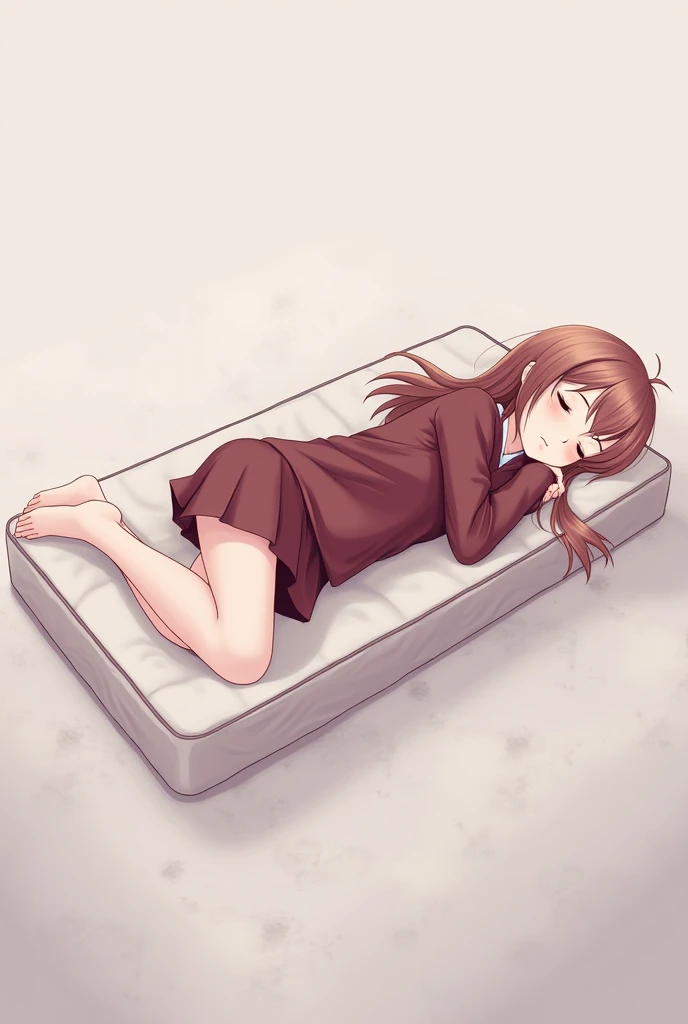 Maroon-clad chick using a short skirt is sleeping on a mattress