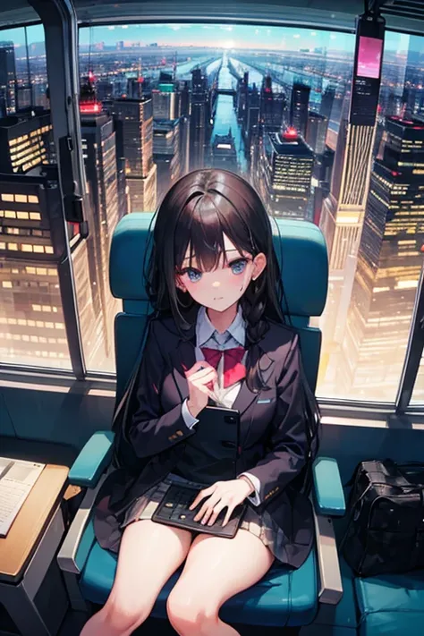   attention to detail ,  Super Detail,  super high resolution, The girl on the train , The outfit is random,  long hair with braids at the back, She's sitting on a train chair , Late Night, Cityscape, A row of skyscrapers,  the train is running through the...