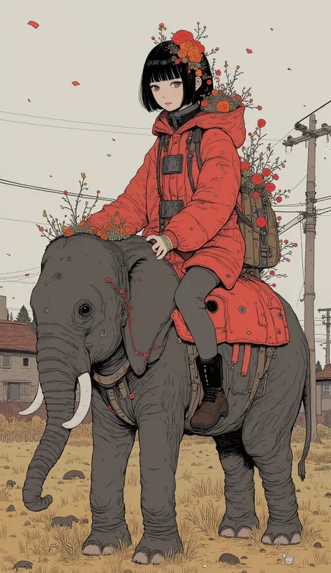 A high school student is riding a baby elephant、A 、 black hair、  short hair、 bangs with lots of flowers 、Red winter clothes、Genuine、Bold composition、 very realistic depiction showing the direction of reference 、  photos、  beautiful girl。