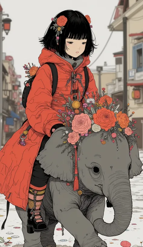 A high school student is riding a baby elephant、A 、 black hair、  short hair、 bangs with lots of flowers 、Red winter clothes、Genuine、Bold composition、 very realistic depiction showing the direction of reference 、  photos、  beautiful girl。