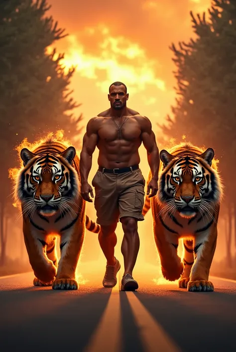 Two original tigers are walking side by side, a large man standing forward  between the two tigers, flames coming out of the tiger's eyes. highway fiery sky There are trees on both sides of the road