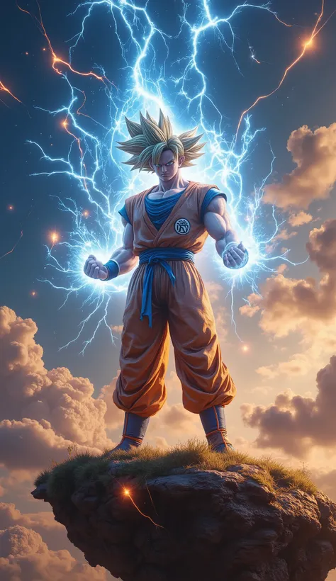 (masterpiece, best quality, ultra-detailed, 4K resolution, hyper-realistic anime:1.3), 
Goku from Dragon Ball Z, wearing his iconic orange and blue gi, with a determined expression, 
in a dynamic flying pose, charging a massive Kamehameha energy blast in h...