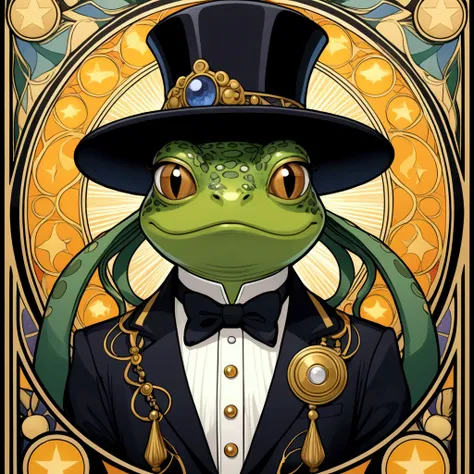 a close up of a tarot cards card with an extremely badass anthropomorphic frog wearing an insanely fancy black and silver tuxedo jacket, black top hat, black bowtie, white button up shirt, high detail + tarot cards card, [ tarot cards card ]!!!!!, anime ar...