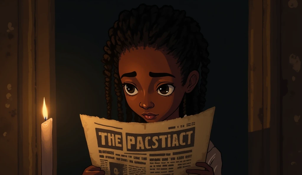 A young girl secretly reading the resistance flyer by candlelight. She should be Africans 

