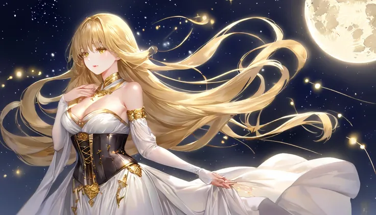 Standing on a terrace against the night sky, the goddess is based on the beautiful constellation of Libra as Japanese pretty girl. She wears a cream-colored dress with golden ornaments and a metal corset shining on her chest. Her long blonde hair flows in ...