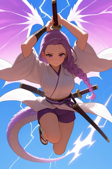 Anime girl jumping diagonally from heaven. Her hair is pulled back in a high braid, she is wearing a white kimono jacket and purple shorts, and she has a dragon tail. She has wings. He swings his sword, sword in both hands above his head. Lightning is flyi...