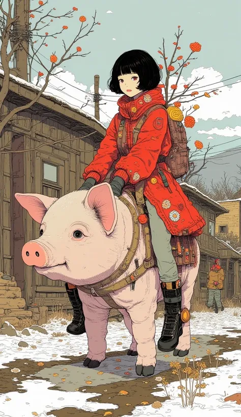 A female high school student is riding a big piglet、A 、 black hair、  short hair、 bangs with lots of flowers 、Red winter clothes、Genuine、Bold composition、 very realistic depiction showing the direction of reference 、  photos、  beautiful girl。